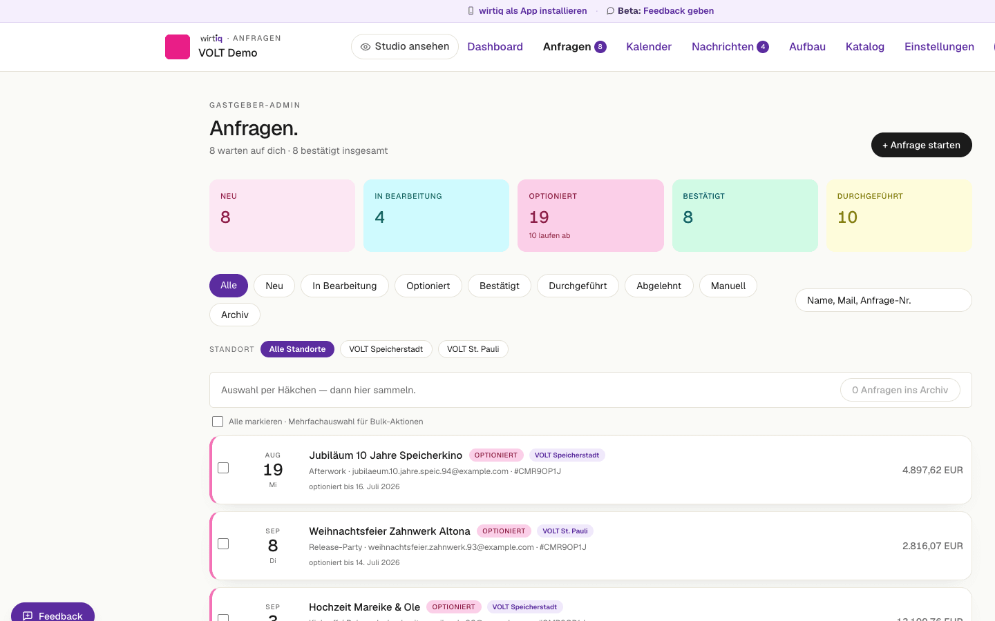 Screenshot der wirtiq-Anfragen-Übersicht