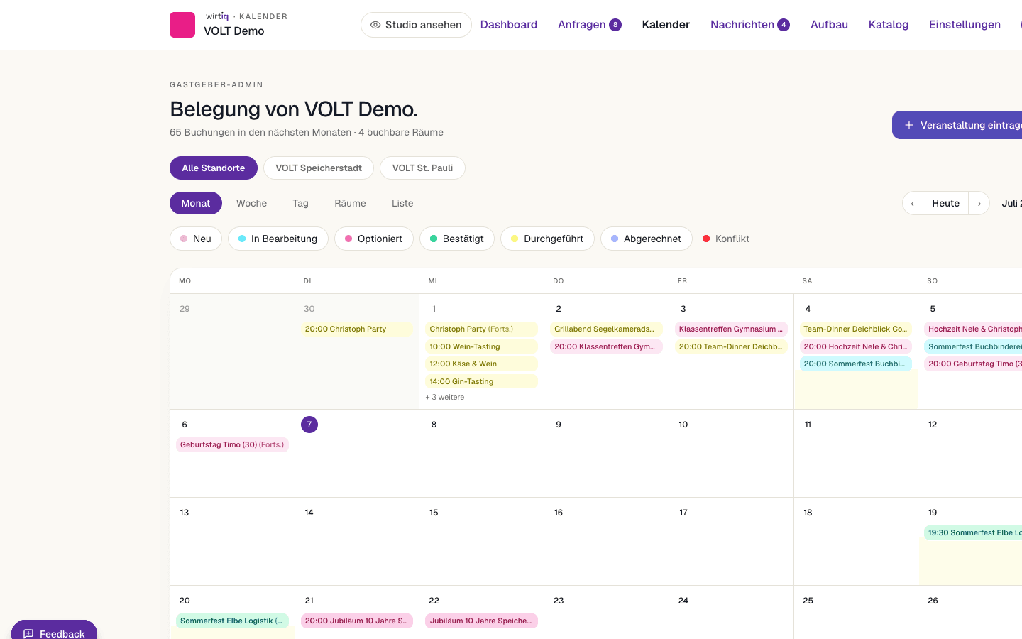 Screenshot des wirtiq-Belegungskalenders